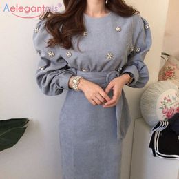 Aelegantmis Korean Elegant Beading Flowers Sashes Dress Women Casual Corduroy Female Luxurious with Belt Vestidos Mujer 210607