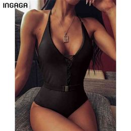 INGAGA Sexy Lace-up Swimsuit Fused Solid Halter Swimwear Women High Cut Bathing Suit Beach Deep V Bodysuits 210702