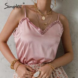 V-neck Sexy Satin ruffle Female Tanks Pink Loose Basic Sleeveless Office Lady Camis Fashion Women's Summer Sling Top 210616