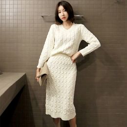 est Winter Knitting Wool Twist 2 Piece Women's Set Casual V Neck Loose Pullover Sweater+Package Hip Midi Skirt Suit Office 210416