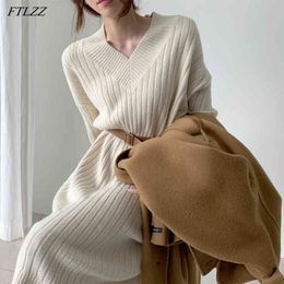 Spring Women Elegant V-neck Long Sleeve Solid Knitting Dress Casual High Waist Slim Midi with Belt 210423