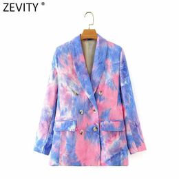 Zevity Women Fashion Double Breasted Pink Purple Tie-dye Blazer Coat Vintage Long Sleeve Pocket Female Outerwear Chic Tops CT555 210603