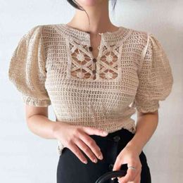 Pullovers Shorts Knitted Summer Korean O collar Hollow Thin Bubble Short-Sleeved Women Sweater Solid 305B 210420