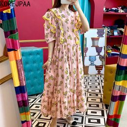 Korejpaa Women Dress Summer Age-Reducing Playful Round Neck Floral Lotus Leaf Stitching Design Loose Puff Sleeve Vestidos 210526