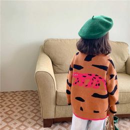 Girls cute leopard cartoon knitted cardigans Korean style children loose soft casual V-Neck Sweaters 211104