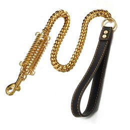 1FT-4FT New Cuban Curb Chain StainlSteel Gold Dog Safety Leash Buffer Spring Labor-Saving Genuine Leather Handle Dog's Leash X0509