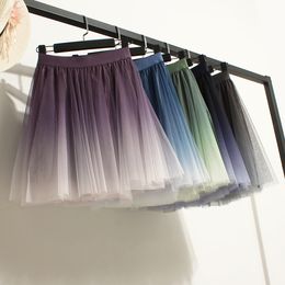 Spring Autumn gradient fluffy skirt high waist A-line Purple miniskirt Blue large swing female green yarn Pleated skirt Girl