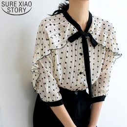 Womens And Blouses Ladies Chiffon Blouse Shirts Bow Blusas Half Button Dot Batwing Sleeve Ruffles Tops 5255 50 210415