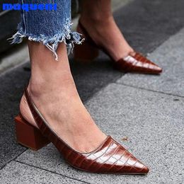 Summer Pumps Ladies Concise Women Squared Heel Pointed Toe Slip On Leather Single Shoes Low-heeled Drop Sandals