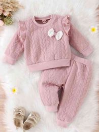 Baby Bow Ruffle Trim Cable Textured Sweatshirt & Sweatpants SHE