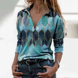 Women Geometric Print Blouses Vinrage V Neck Long Sleeve Loose Shirt Spring Casual Pullover Ladies Elegant Tops Plus Size Blusas 210412