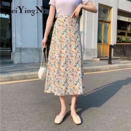 Summer Fashion Floral Printed Midi Skirts for Woman Cute Sweet Lining Vintage Pink Faldas Long Casual Saias Mujer 210506