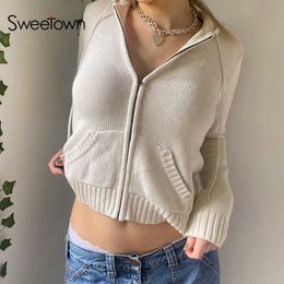 Sweetown Vintage Brown Solid Y2K Hooded Sweaters Women Autumn Winter Lantern Sleeve Zip Up Jacket Cardigan Knitted Hoodies 2021 Y0825