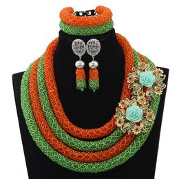 -Orecchini collana fantastica arancione / calce verde nigeriano costume da sposa in costume da sposa set di gioielli da sposa stile stile africano moda perlina HX692
