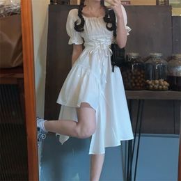 HOUZHOU Women's White Dress Autumn Elegant Vintage Kawaii Puff Sleeve Midi Dress Square Collar Bandage Sundress Goth Outfits 211029