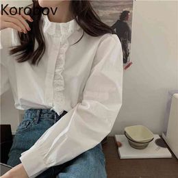 Korobov Korean Vintage Lace Patchwork White Shirts Office Lady Elegant Blusas Mujer New Arrival Long Sleeve Women Blouses 210430