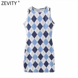 Women Vintage O Neck Sleeveless Slim Knitted Vest Mini dress Female Diamond Plaid Vestido Chic Summer Dresses DS8221 210416