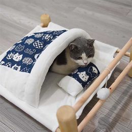 Elevated Pet Cat Bed Removable Sleeping Bag Hammock Beds for Lounger Wooden Cats House Winter Warm Pets Bed Small Dogs Sofa Mat 2101006