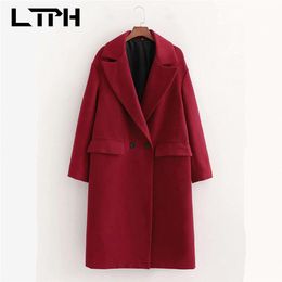 Streetwear Long Woolen Coat Vintage Loose Casual Sleeve Chic Outerwear Thick Warm Elegant Jackets Winter 210427