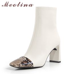 Snake Print Genuine Leather High Heel Mid Calf Boots Women Shoes Square Toe Chunky Heels Zipper Ladies White 40 210517