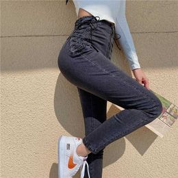 Mozuleva Women Sexy High Waist Stretch Skinny Women Zipper Jeans Streetwear Pencil Pants Ladies Tassel Lace Up Bandage pants 210706