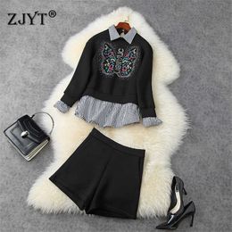 High Street Fashion Casual Two Piece Outfit Women Striped Patchwork Embroidery Loose Hoodies Top and Shorts Suit Matching Set 210601