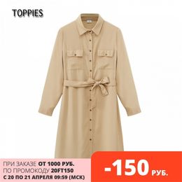 Shirt Dress Spring Autumn Women Casual Double Pockets Turn-down Collar Button Belt Fashion Korean 210421