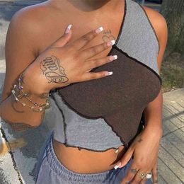 casual Contrast knitting camisole street woman's One shoulder patchwork tank top club activity female bodycon crop tops 210607