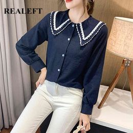 Women's Corduroy Shirt Elegant Korean Style Long Sleeve Single Breasted Doll Collar Ladies Casual Blouse Female 210428