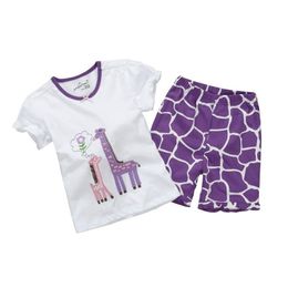 Summer Baby Girls Clothes Suit Giraffe Embroidery Children's Outfits Short Sleeve T-Shirts Kids Clothing Jumpsuits 210413