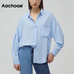 Lady Casual Blue Shirts Batwing Long Sleeve Loose Blouse Women Turn Down Collar Office Tunic Tops Blusas Mujer De Moda 210413