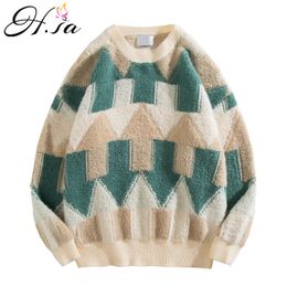 H.SA Korean College Style Autumn Winter Geometric Pattern Argyle Pullovers Loose Oversized O-Neck Knitted Sweaters Woman Jumper 210417