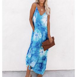 Women Sleeveless Beach Tie Dye Maxi Dress 2021 Fashion Ladies Holiday Boho Loose Long Casual Dresses