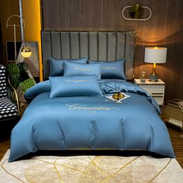 Satin Embroidery Bedding Set Family Size Simple Duvet Cover Queen King Size 220x240 Bedclothes Bed Sheet For Home