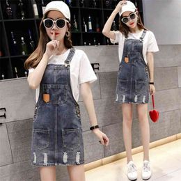 Metal Buckle Adjustable Strap Jeans Dress Korean A-line Loose Denim Short Pockets Sundress Casual Overalls es 210604