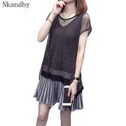 Nkandby Plus Size Women Dress Summer Clothing Elegant Korean Short Sleeve Mesh Patchwork Pleated Oversized Lady Dresses 5XL 210331