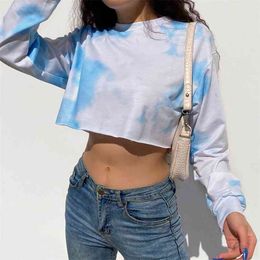 Tie Dye Y2k Crop Top Female Sweatshirt Women Fashion Korean Kawaii Harajuku Aesthetic Long Sleeve Pullover Streetwear 210510