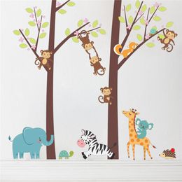 Forest Animals Tree Elephant Monkey Giraffe Wall Sticker For Kids Rooms TV Background Sofa Decor Wall Decal Poster Mural 210420