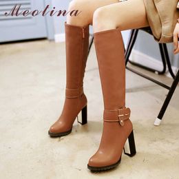 Meotina Winter Long Boots Women Zipper Thick Heels Knee High Boots Buckle Extreme High Heel Shoes Lady White Big Size 33-43 210608