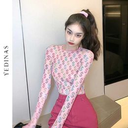 Yedinas Long Sleeve Crop Top Women Korean Style Tshirt Sexy Tops Harajuku Vintage Summer Pink T-shirt Fashion Printed Tee 210527