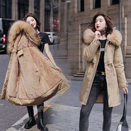 Winter Women fleece inside parkas plus size thick warm mid-Long Hooded Jackets fur female slim padding 211018