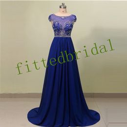 Roya Blue Dresses Cap Sleeves Satin Beading Crystal Princess Prom Party Gowns 328 328