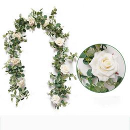 185cm Silk Artificial Rose Vine Fake Flower Garland Decoration For wedding Arch Arrangement Home Room Decoration Y0901