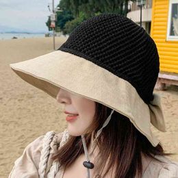 New Woman Summer Hats With Visor Hollow Straw Hat Fashion Bow Design Sun Hat Travel Mesh Bucket Hat G220301