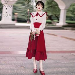 YOSIMI Long Women Dress Preppy Style Autumn Peter Pan Collar Vestido Feminino Fake Set Embroidery Sleeve Elegant 210604