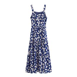 Blue Floral Print Slash Neck Tank Fit And Flare Midi Dress Mid Calf Summer Empire Wristlets D1688 210514