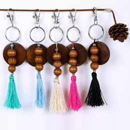 Wooden Beaded Key Ring Favour Cotton Tassel Pendant Engraving Monogrammed Keychain Round Wood Chip Ornament Festival Gift 5 Styles C0110