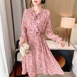 Dresses Women Woman Dress Long Sleeve Flower Print Chiffon Dress Women Bow V-neck High Waist Pleated Dress Vestido De Mujer E357 210426