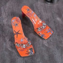 Fashion Summer Women Sandals Square Toe Transparent Strap Metal Chain Women's Slippers Printed High Heels Plus Size Y0721