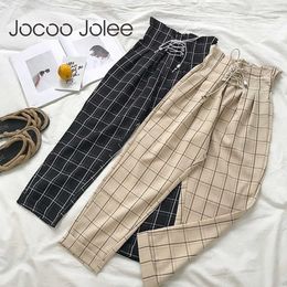 Jocoo Jolee Pantaloni casual giapponesi Harajuku Moda donna Lace Up Vita alta Caviglia Pantaloni larghi scozzesi Harem 210619